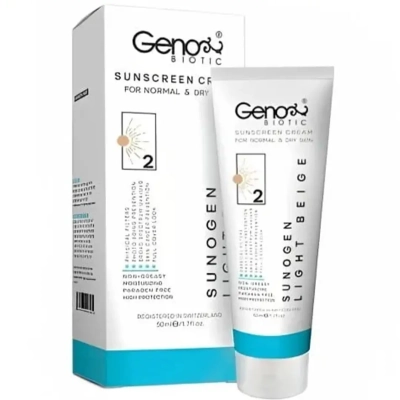 کرم ضد آفتاب SPF50 بژ روشن ژنوبایوتیک مناسب پوست‌های خشک و معمولی